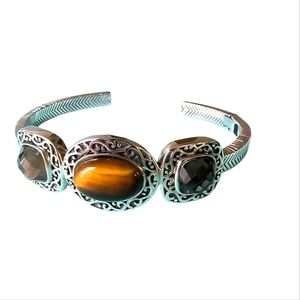 Tiger Eye, Smoky Quartz and Sterling Silver Hinged Cuff Bracelet